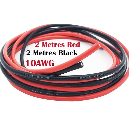 CESFONJER 10 AWG Siliconen Kabel Set, 2m Rood en 2m Zwart - Flexibel en Hittebestendig, Ideaal voor RC Drones en Voertuigen, Hoge Conductiviteit en Oxidatiebestendig, 600V/200°C, Diameter 5.5