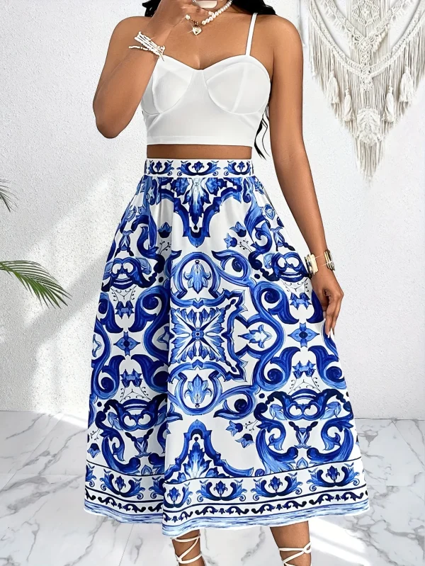Blauw en Wit Rok Set | Zomerset dames | Elegante Rok en Top Set - 51Dnspod | Smaakvolle damp – Verzendkosten vrij vanaf 40€